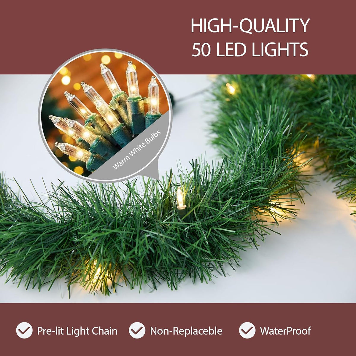 15.4Ft Pre-Lit Christmas Garland with Lights – 50 LED Lighted Garlands for Christmas Decorations Indoor Outdoor, Battery Operated 8 Modes Memory Timer for Mantel Stair Banister Doorframe Décor