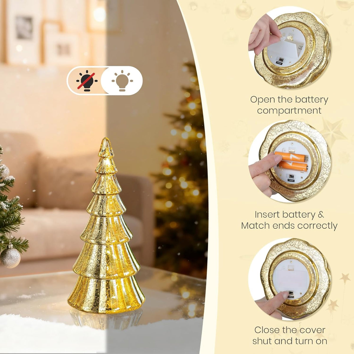 Mercury Glass Christmas Tree: Set of 3 Gold Table Top Christmas Ornaments Trees with LED Lights, Christmas Centerpiece Table Decorations Indoor for Dining Fireplace Mantel Winter Holiday Decor