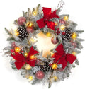 24 Inch Lighted Christmas Wreaths, Pre-Lit Xmas Wreath with 3 Red Bow, Pine Wreath with 30 LED Lights, Light up Christmas Wreath for Front Door Holiday Wall Christmas Party Decor