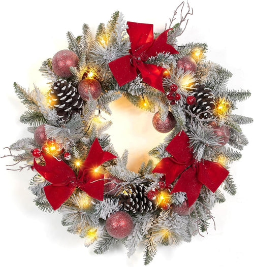 24 Inch Lighted Christmas Wreaths, Pre-Lit Xmas Wreath with 3 Red Bow, Pine Wreath with 30 LED Lights, Light up Christmas Wreath for Front Door Holiday Wall Christmas Party Decor