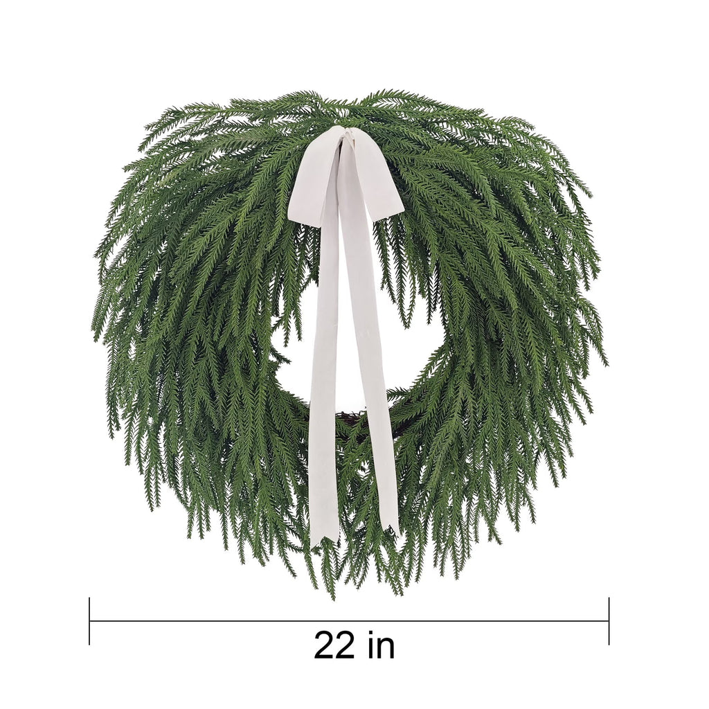 Natural Feel Norfolk Artificial Christmas Wreath with Bow, Green, 22"