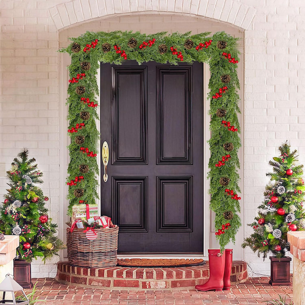 9.8FT Christmas Cedar Garland with 3 Pinecone Berry, Realistic Soft Faux Cedar Garlands,Thickness Pine Garland for Home Fireplace Mantle Table Stair Handrail, Indoor Outdoor Christmas Decorations
