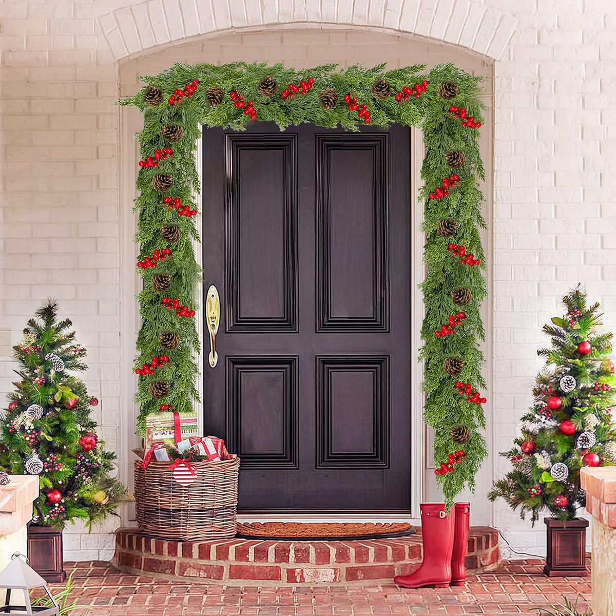 9.8FT Christmas Cedar Garland with 3 Pinecone Berry, Realistic Soft Faux Cedar Garlands,Thickness Pine Garland for Home Fireplace Mantle Table Stair Handrail, Indoor Outdoor Christmas Decorations