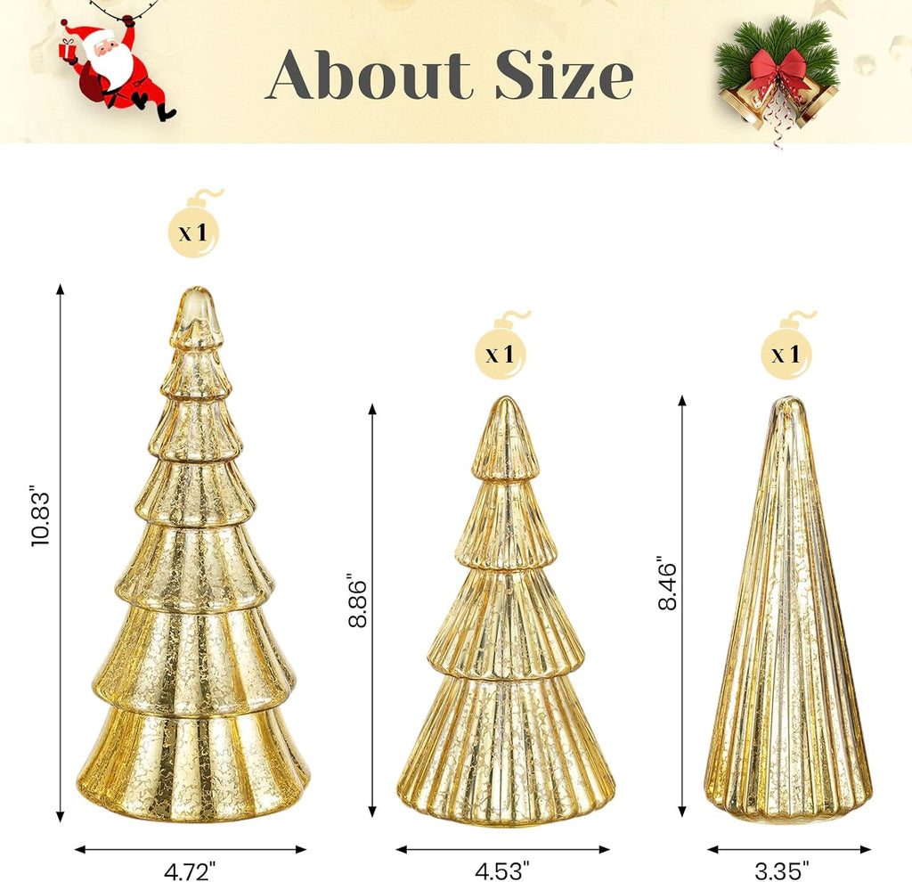 Mercury Glass Christmas Tree: Set of 3 Gold Table Top Christmas Ornaments Trees with LED Lights, Christmas Centerpiece Table Decorations Indoor for Dining Fireplace Mantel Winter Holiday Decor