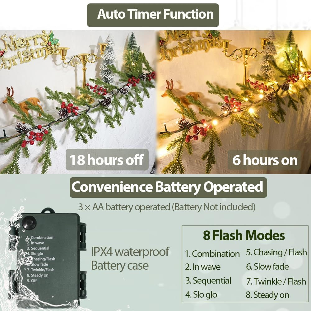 Christmas Garland 6.56 FT 40 LED Norfolk Twig Pine Garlands with Lights Battery Operated with Timer Red Berry Snowy Pinecone Christmas Decoration for Mantle Fireplace Indoor Outdoor Holiday Home Decor