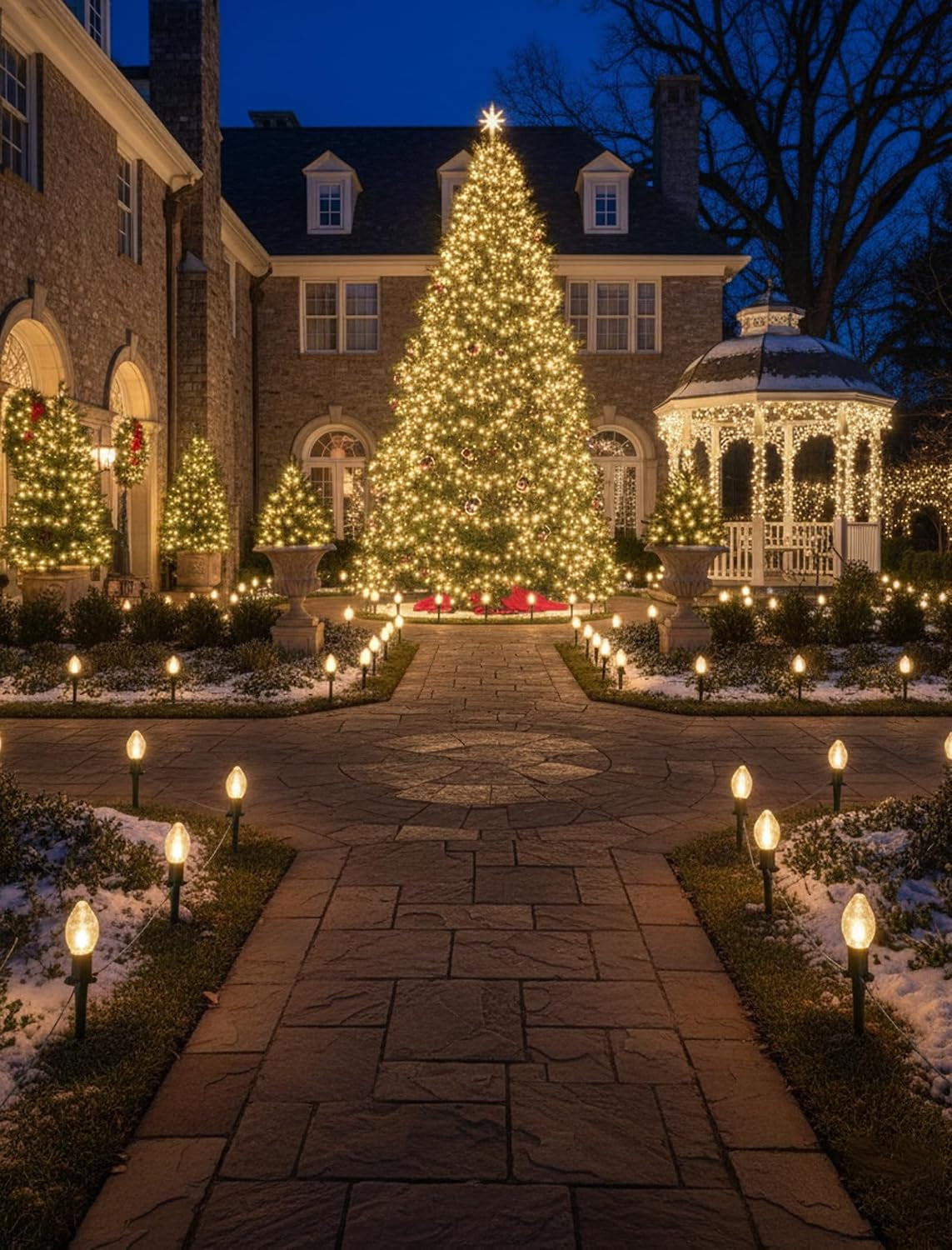 C9 Christmas Lights Outdoor, 38Ft Christmas Pathway Lights with 27 LED Bulbs and 25 Marker Stakes, Connectable Outdoor Decorations Yard Walkway Sidewalk Holiday, Warm White