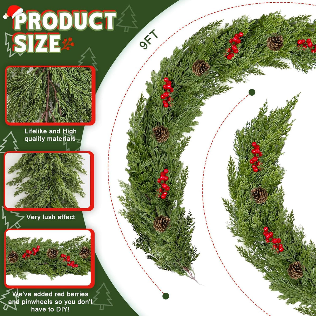 9.8FT Christmas Cedar Garland with 3 Pinecone Berry, Realistic Soft Faux Cedar Garlands,Thickness Pine Garland for Home Fireplace Mantle Table Stair Handrail, Indoor Outdoor Christmas Decorations