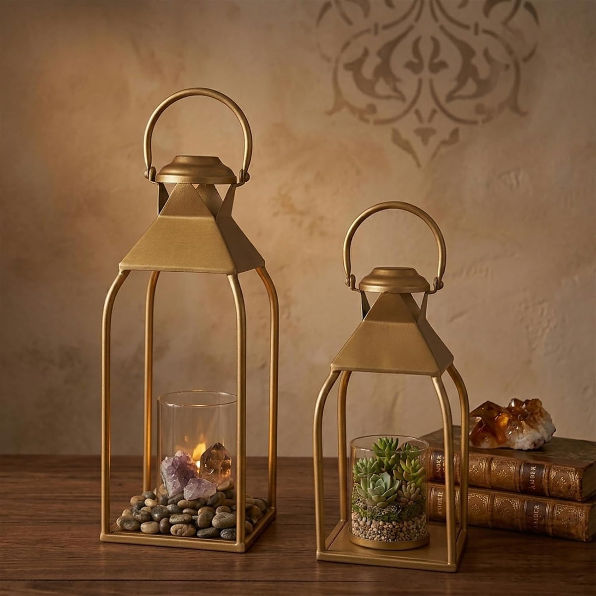 Decorative Metal Lanterns Indoor Outdoor, Candle Holder for Porch, Patio, Fireplace, Floor, Wedding, Christmas, Fall, Holiday, Farmhouse Table Centerpiece (Antique Gold, Set of 2 15.7" 12")