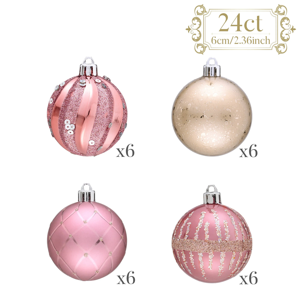 24Ct 2.36" Christmas Ball Ornaments, Pink Gold Shatterproof Ornaments for Christmas Tree Decor