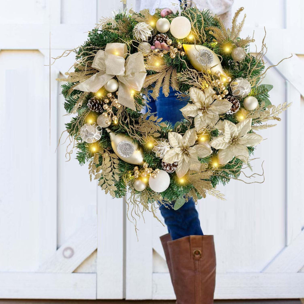 Pre-Lit 24 Inch Champagne Gold Christmas Wreath for Front Door
