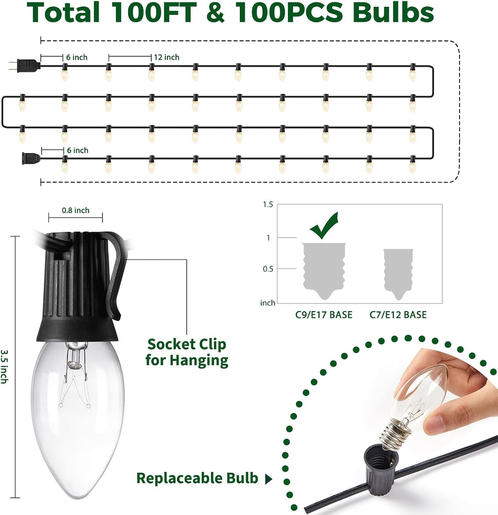 C9 Christmas Lights Outdoor, 100FT String Lights with 100 Bulbs