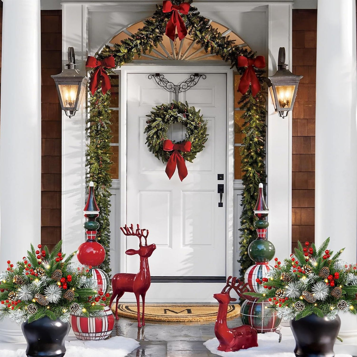Outdoor Urn Filler, Set of 2 Lighted Outdoor Christmas Tree, Battery Operated Christmas Porch Decorations for Driveway, Yard, Garden, Flower Beds
