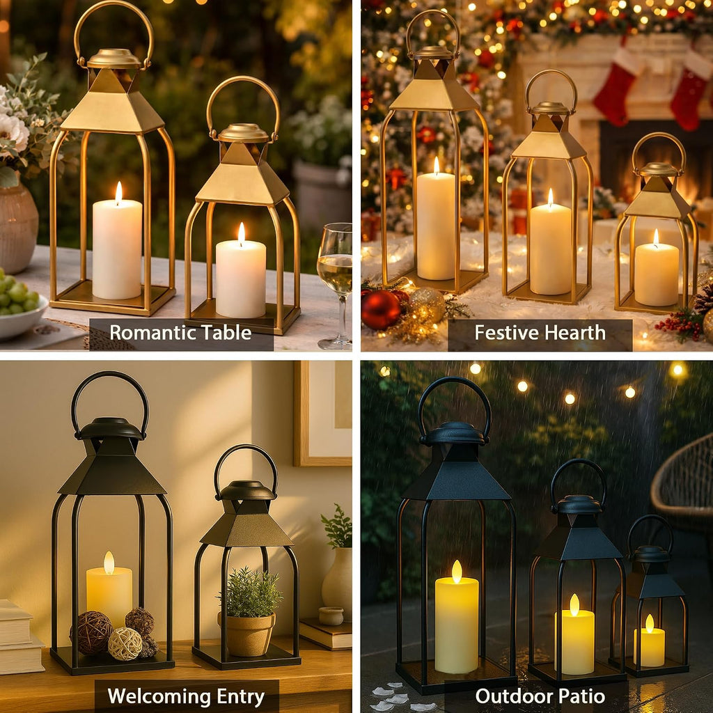 Decorative Metal Lanterns Indoor Outdoor, Candle Holder for Porch, Patio, Fireplace, Floor, Wedding, Christmas, Fall, Holiday, Farmhouse Table Centerpiece (Antique Gold, Set of 2 15.7" 12")
