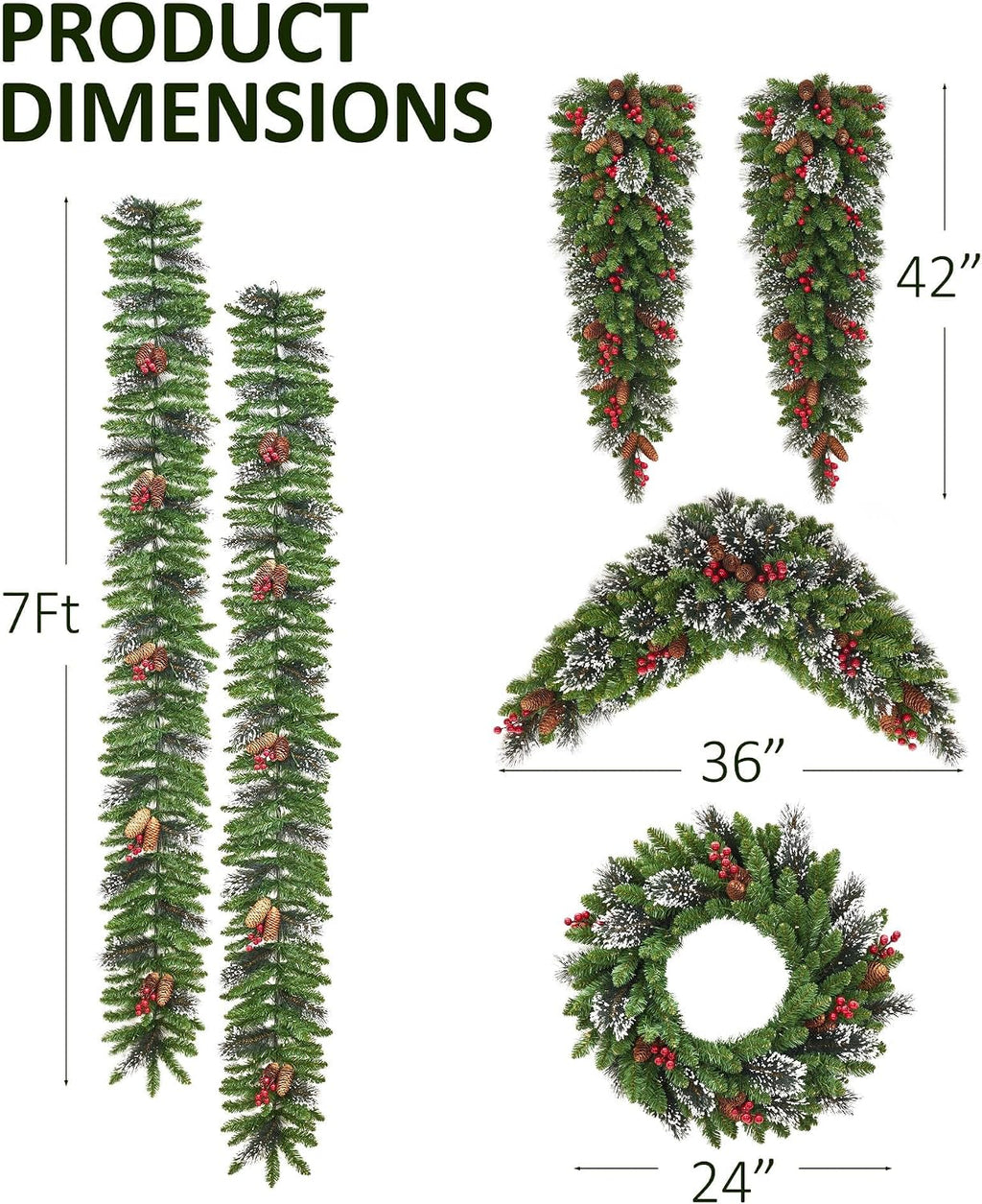Christmas Wreath and Garland Set of 6, Prelit LED Artificial Christmas Décor with One Xmas Wreath and Arc Garland, 2 PCS of Garlands and Teardrop Garlands for Indoor Outdoor Home Décor