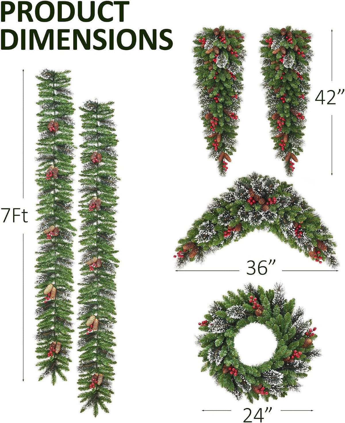 Christmas Wreath and Garland Set of 6, Prelit LED Artificial Christmas Décor with One Xmas Wreath and Arc Garland, 2 PCS of Garlands and Teardrop Garlands for Indoor Outdoor Home Décor
