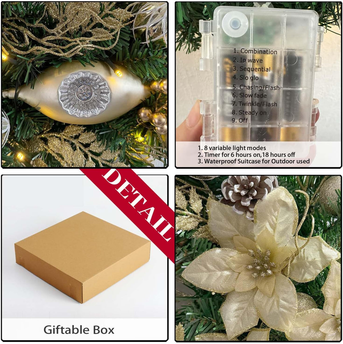 Pre-Lit 24 Inch Champagne Gold Christmas Wreath for Front Door