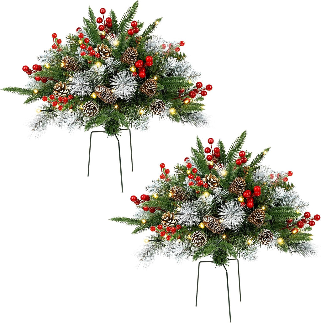 Outdoor Urn Filler, Set of 2 Lighted Outdoor Christmas Tree, Battery Operated Christmas Porch Decorations for Driveway, Yard, Garden, Flower Beds