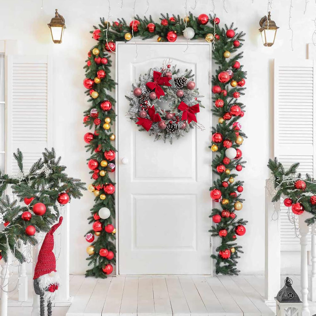 24 Inch Lighted Christmas Wreaths, Pre-Lit Xmas Wreath with 3 Red Bow, Pine Wreath with 30 LED Lights, Light up Christmas Wreath for Front Door Holiday Wall Christmas Party Decor