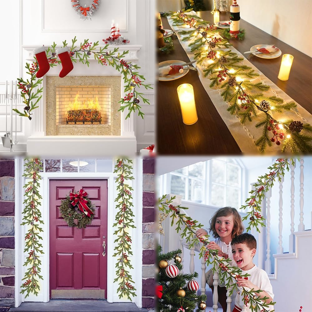 Christmas Garland 6.56 FT 40 LED Norfolk Twig Pine Garlands with Lights Battery Operated with Timer Red Berry Snowy Pinecone Christmas Decoration for Mantle Fireplace Indoor Outdoor Holiday Home Decor