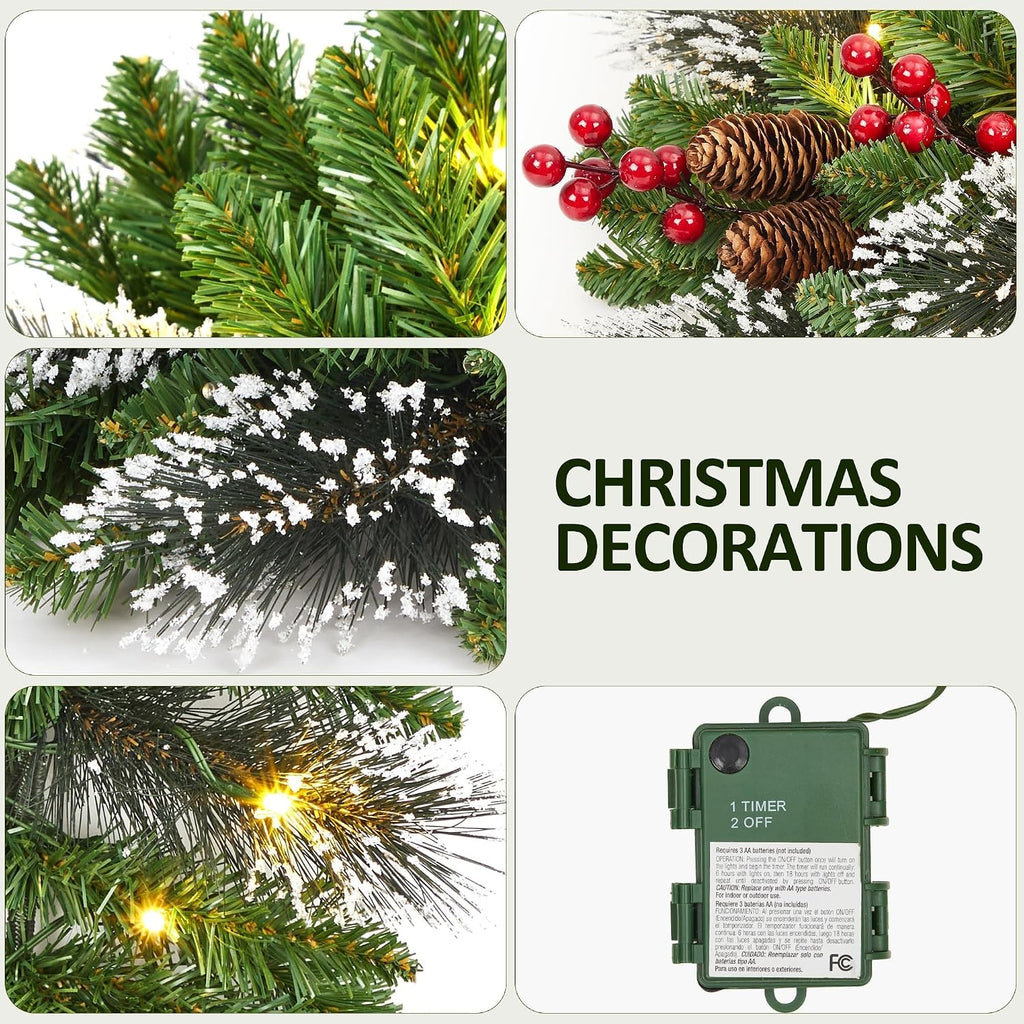 Christmas Wreath and Garland Set of 6, Prelit LED Artificial Christmas Décor with One Xmas Wreath and Arc Garland, 2 PCS of Garlands and Teardrop Garlands for Indoor Outdoor Home Décor