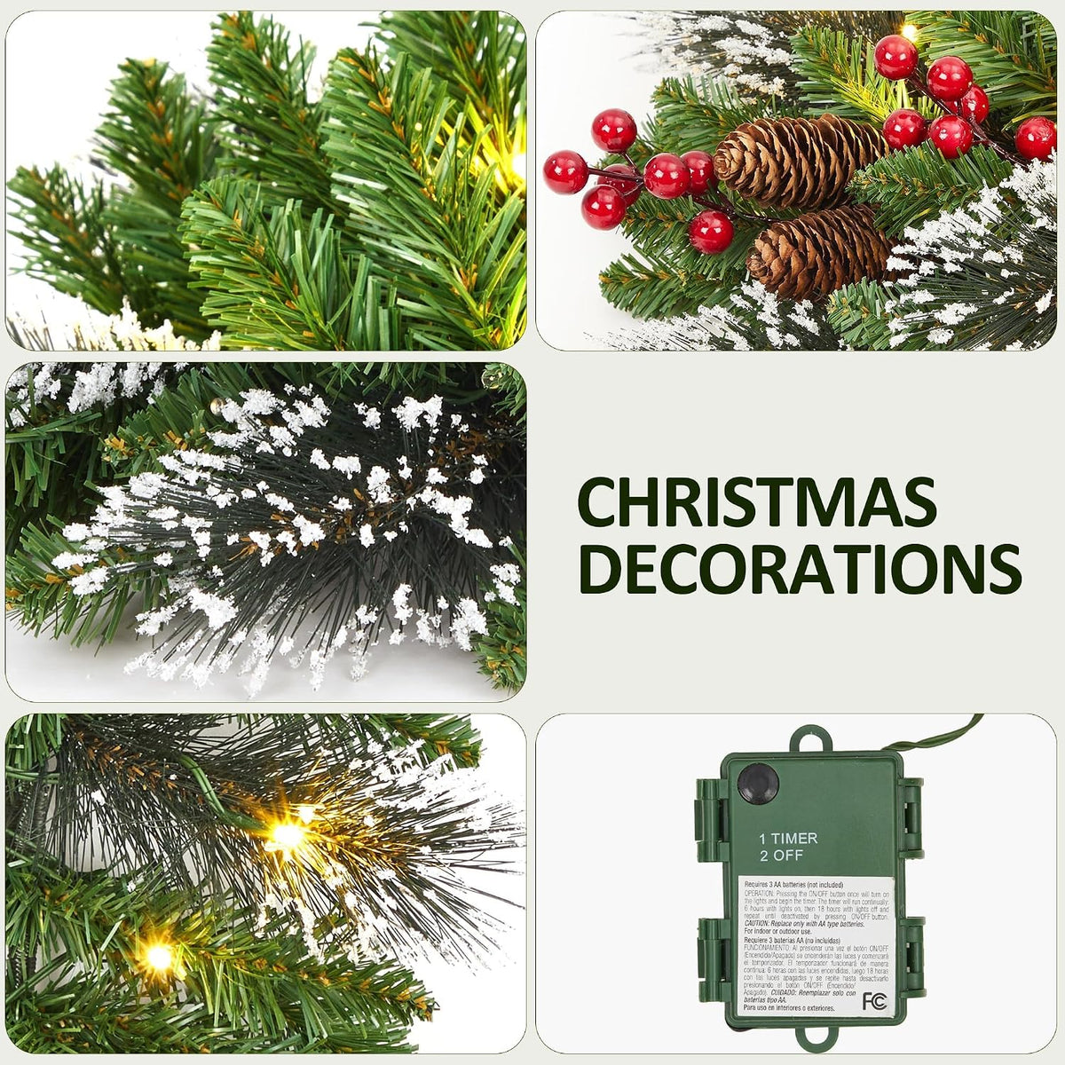 Christmas Wreath and Garland Set of 6, Prelit LED Artificial Christmas Décor with One Xmas Wreath and Arc Garland, 2 PCS of Garlands and Teardrop Garlands for Indoor Outdoor Home Décor