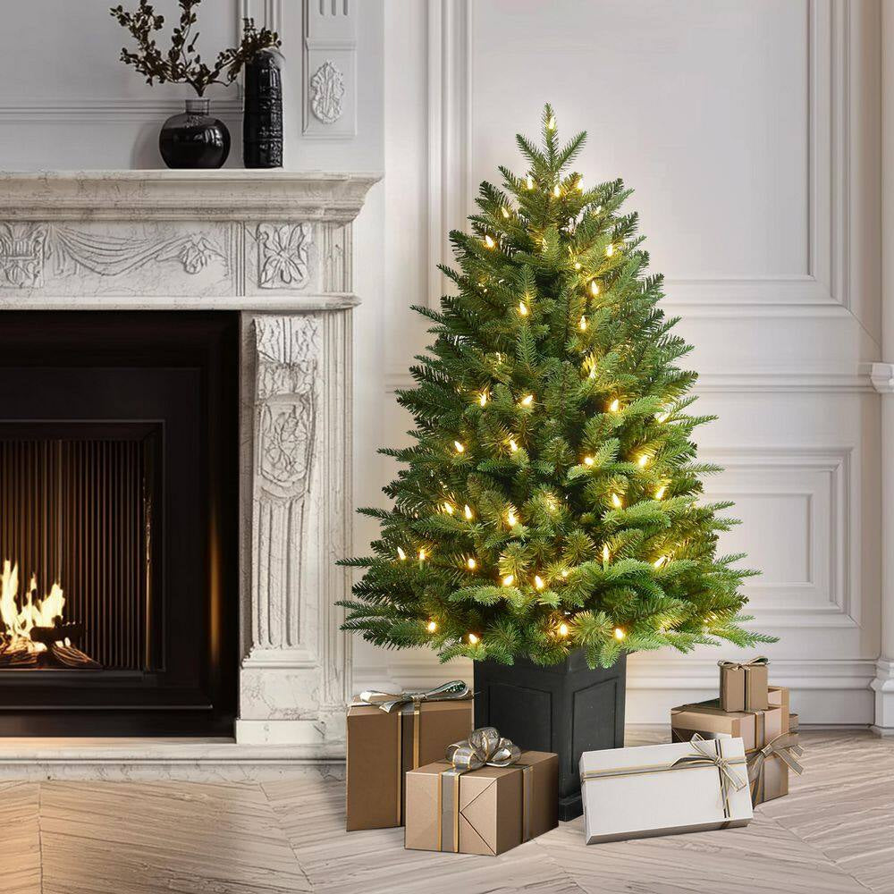 40 In. Pre-Lit Fraser Fir Potted Artificial Christmas Tree with 100 Warm White LED Lights