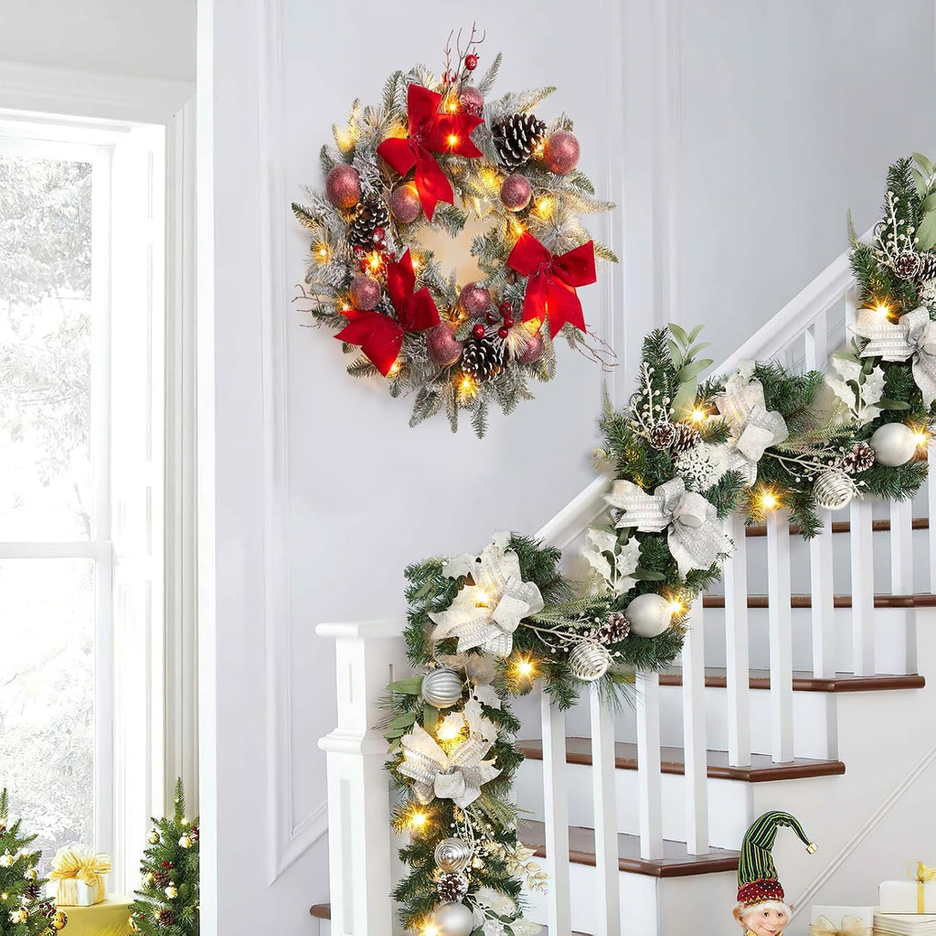 24 Inch Lighted Christmas Wreaths, Pre-Lit Xmas Wreath with 3 Red Bow, Pine Wreath with 30 LED Lights, Light up Christmas Wreath for Front Door Holiday Wall Christmas Party Decor