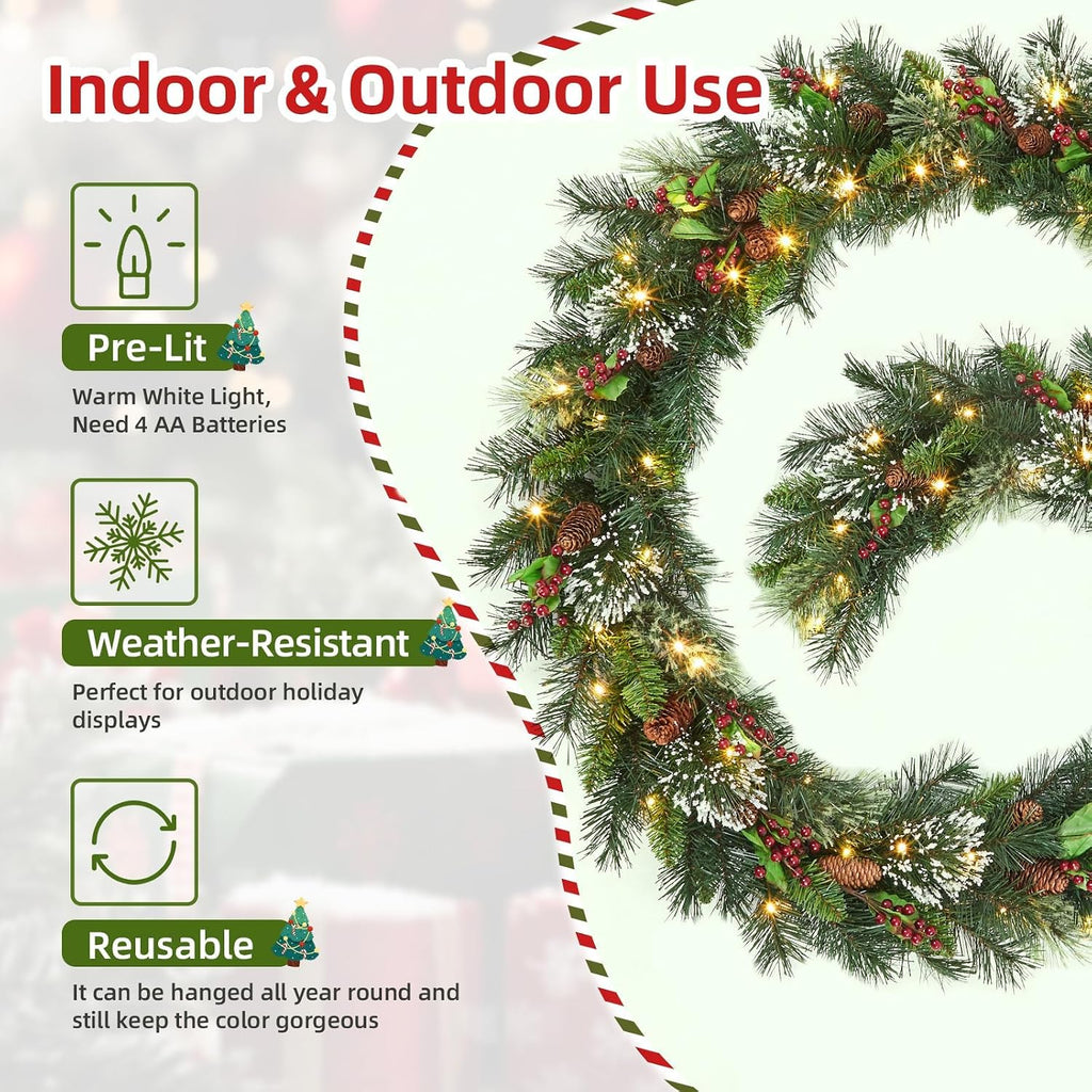 Christmas Wreath and Garland Set of 6, Prelit LED Artificial Christmas Décor with One Xmas Wreath and Arc Garland, 2 PCS of Garlands and Teardrop Garlands for Indoor Outdoor Home Décor