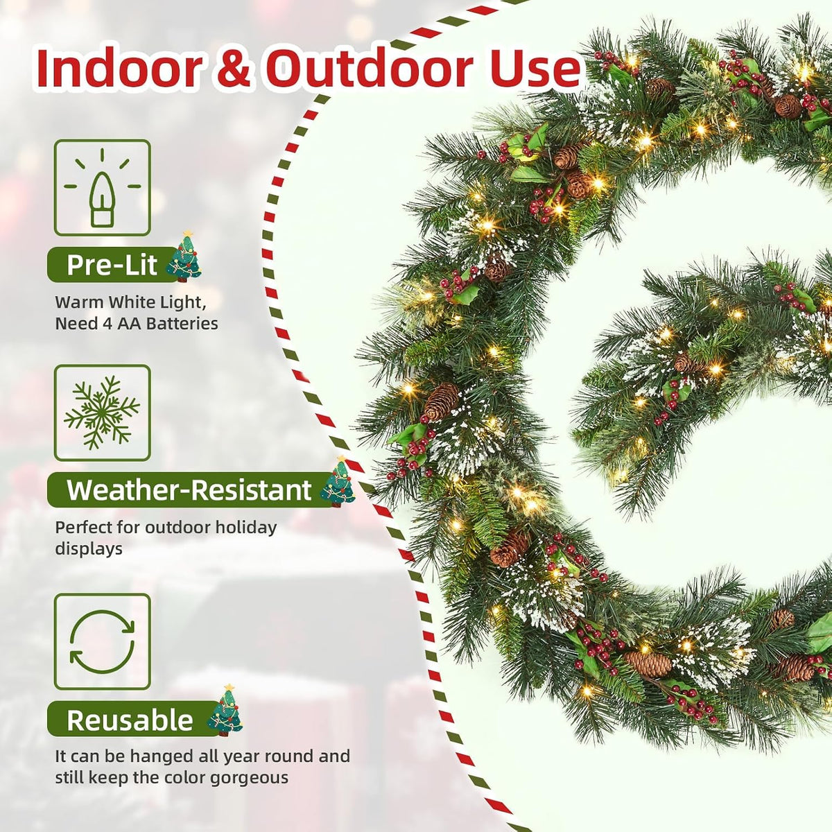 Christmas Wreath and Garland Set of 6, Prelit LED Artificial Christmas Décor with One Xmas Wreath and Arc Garland, 2 PCS of Garlands and Teardrop Garlands for Indoor Outdoor Home Décor