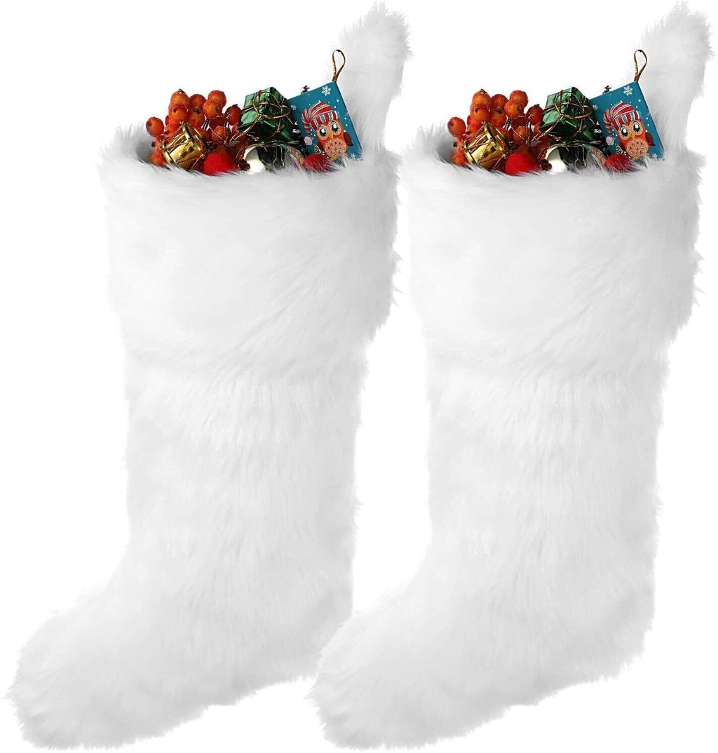 Large Set of 2 White Faux Fur Christmas Stocking 20" Xmas Hanging Presents NEW