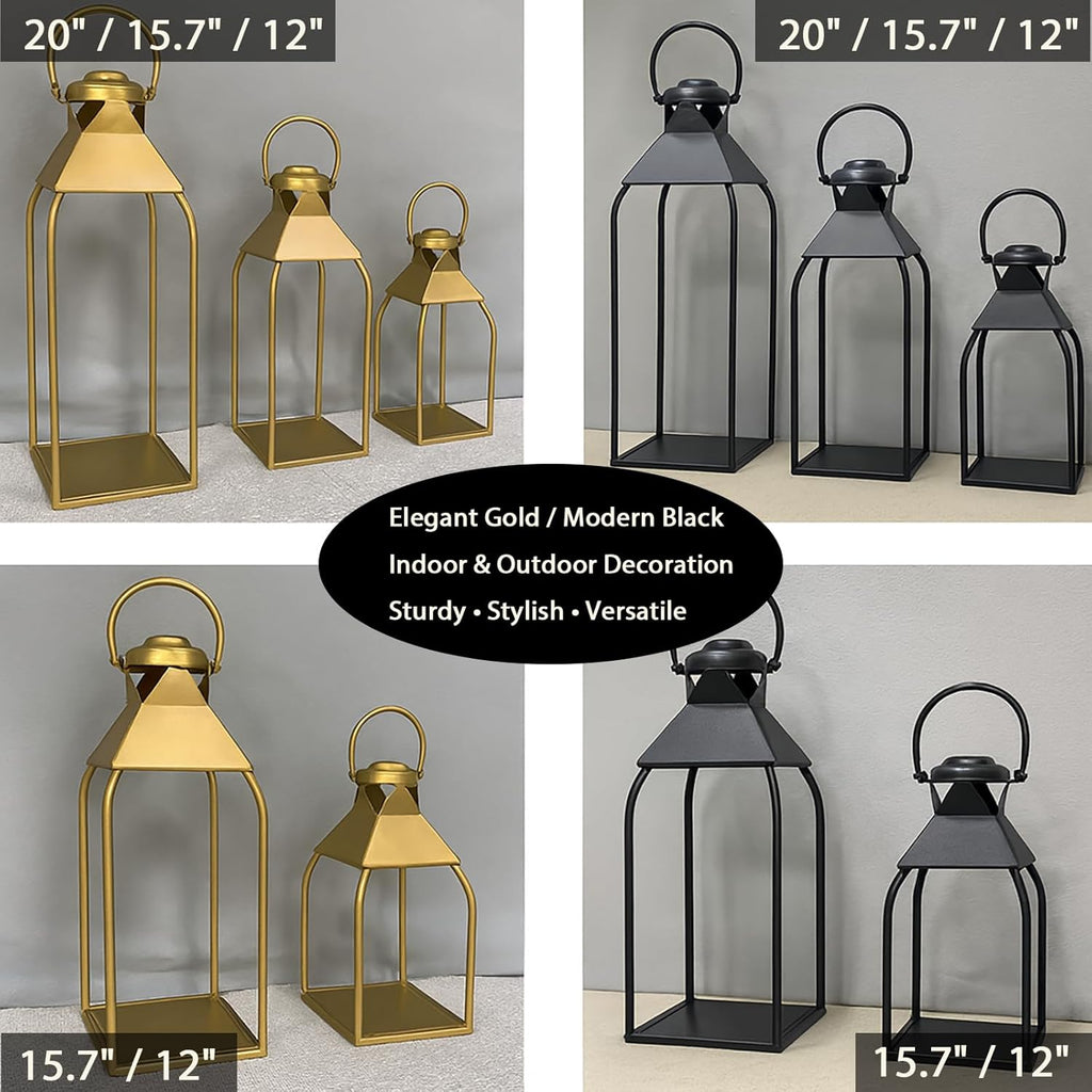 Decorative Metal Lanterns Indoor Outdoor, Candle Holder for Porch, Patio, Fireplace, Floor, Wedding, Christmas, Fall, Holiday, Farmhouse Table Centerpiece (Antique Gold, Set of 2 15.7" 12")