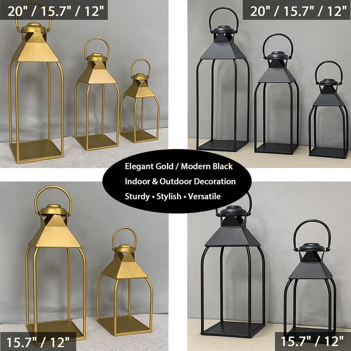 Decorative Metal Lanterns Indoor Outdoor, Candle Holder for Porch, Patio, Fireplace, Floor, Wedding, Christmas, Fall, Holiday, Farmhouse Table Centerpiece (Antique Gold, Set of 2 15.7" 12")