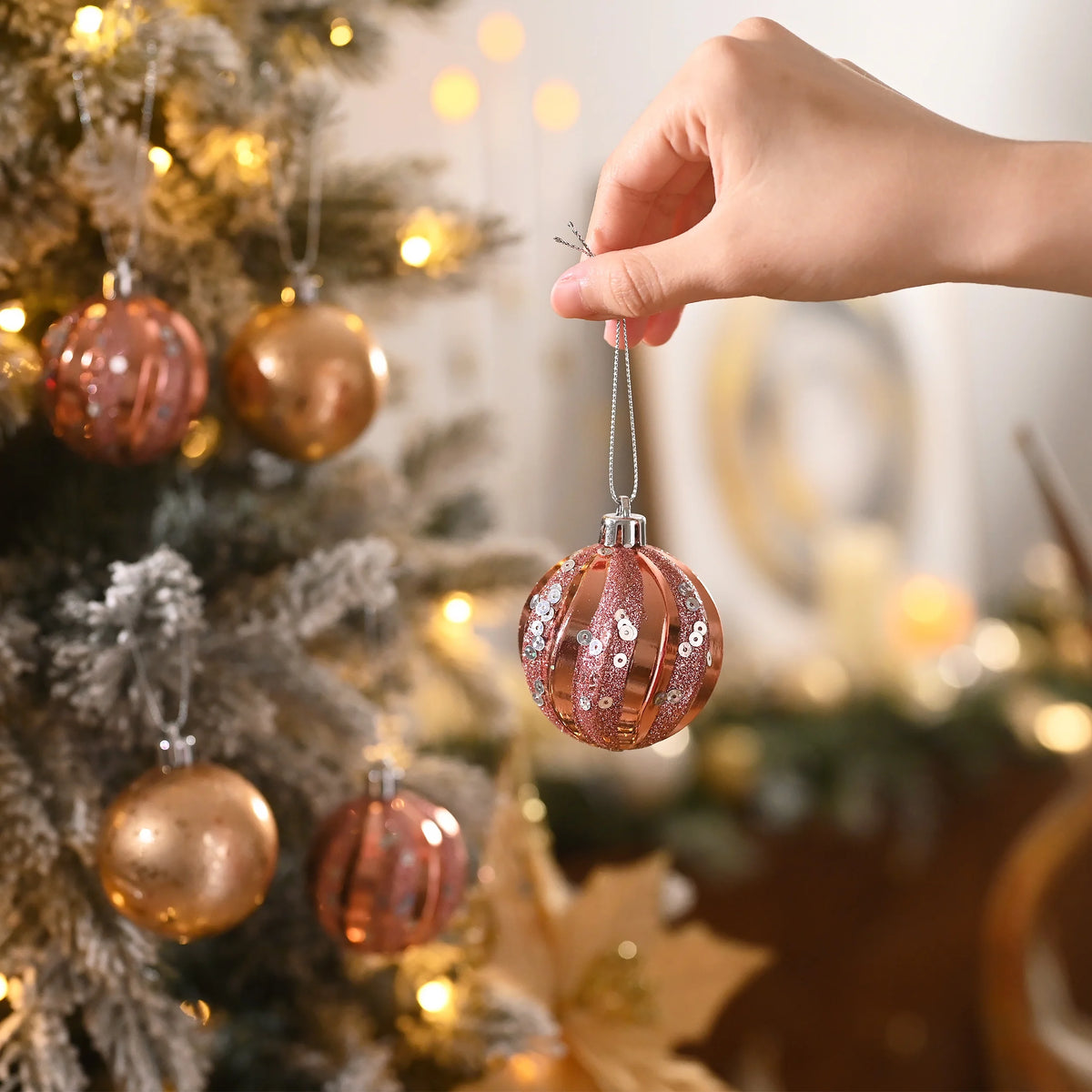 24Ct 2.36" Christmas Ball Ornaments, Pink Gold Shatterproof Ornaments for Christmas Tree Decor