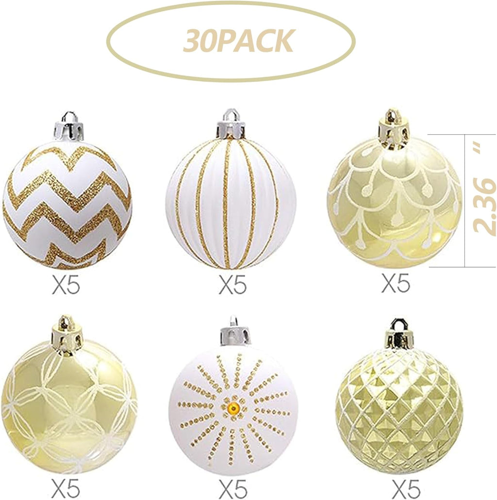 30PCS Christmas Balls Ornaments,60Mm Gold&White Painted Shatterproof Festive Wedding Hanging Ornaments Christmas Tree Decoration