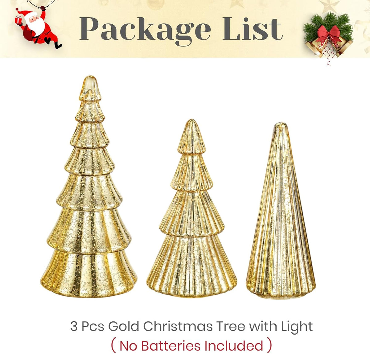 Mercury Glass Christmas Tree: Set of 3 Gold Table Top Christmas Ornaments Trees with LED Lights, Christmas Centerpiece Table Decorations Indoor for Dining Fireplace Mantel Winter Holiday Decor