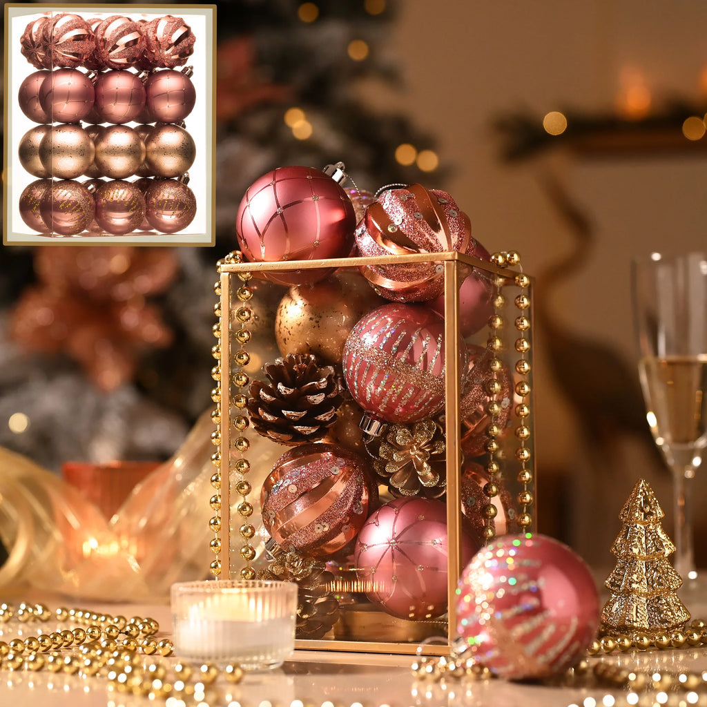 24Ct 2.36" Christmas Ball Ornaments, Pink Gold Shatterproof Ornaments for Christmas Tree Decor