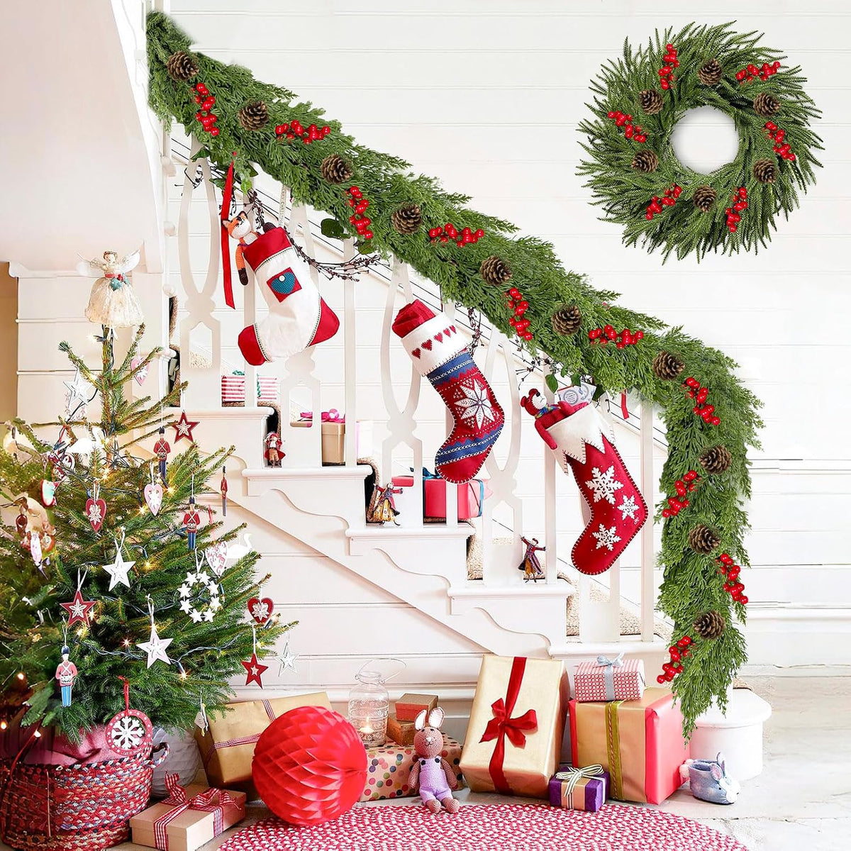 9.8FT Christmas Cedar Garland with 3 Pinecone Berry, Realistic Soft Faux Cedar Garlands,Thickness Pine Garland for Home Fireplace Mantle Table Stair Handrail, Indoor Outdoor Christmas Decorations