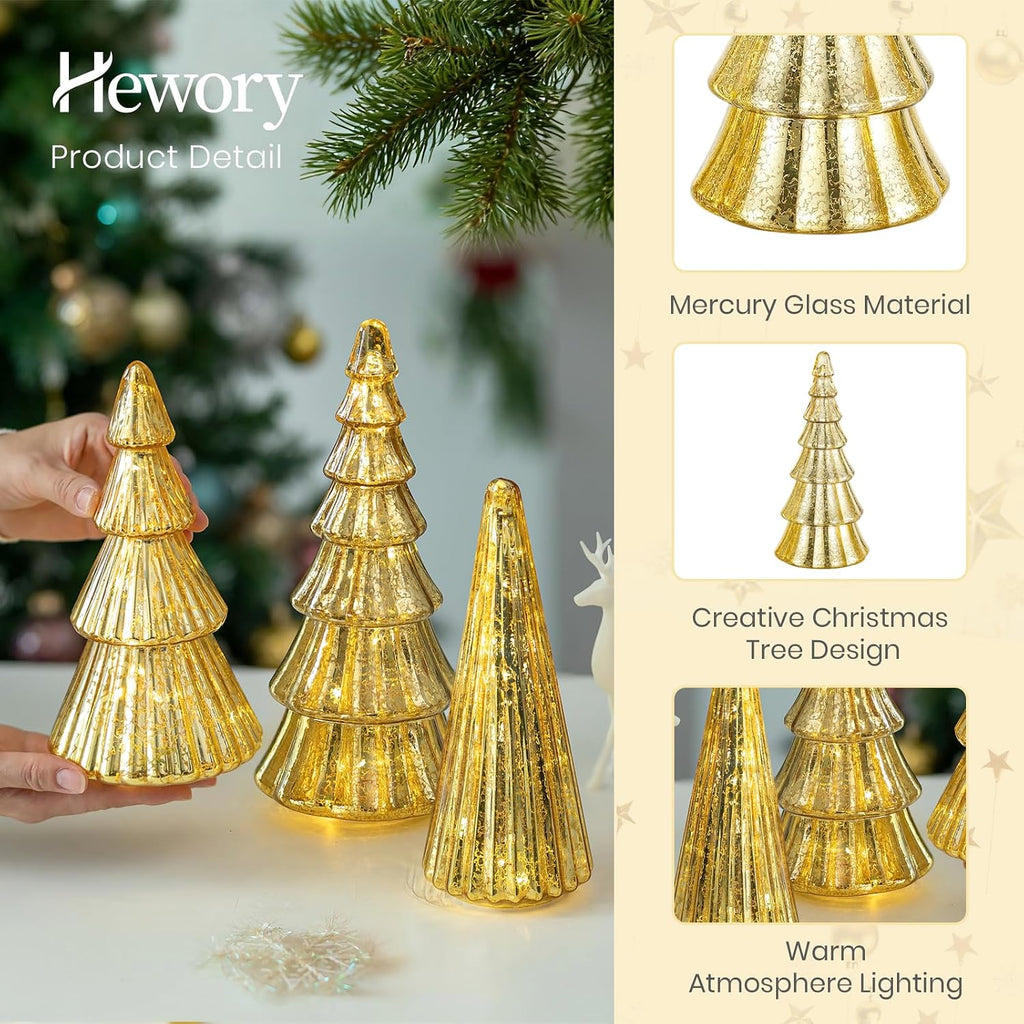 Mercury Glass Christmas Tree: Set of 3 Gold Table Top Christmas Ornaments Trees with LED Lights, Christmas Centerpiece Table Decorations Indoor for Dining Fireplace Mantel Winter Holiday Decor