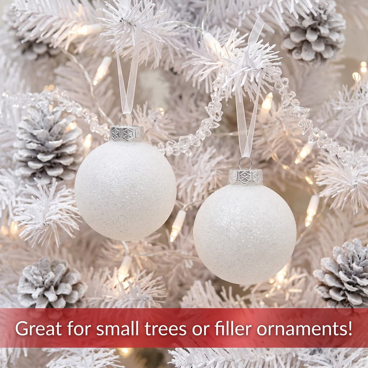 White Christmas Ball Ornaments for Tree Decorations – Small 2.36" Shatterproof Glitter Snowball for Holiday Xmas Decor, 18-Pack