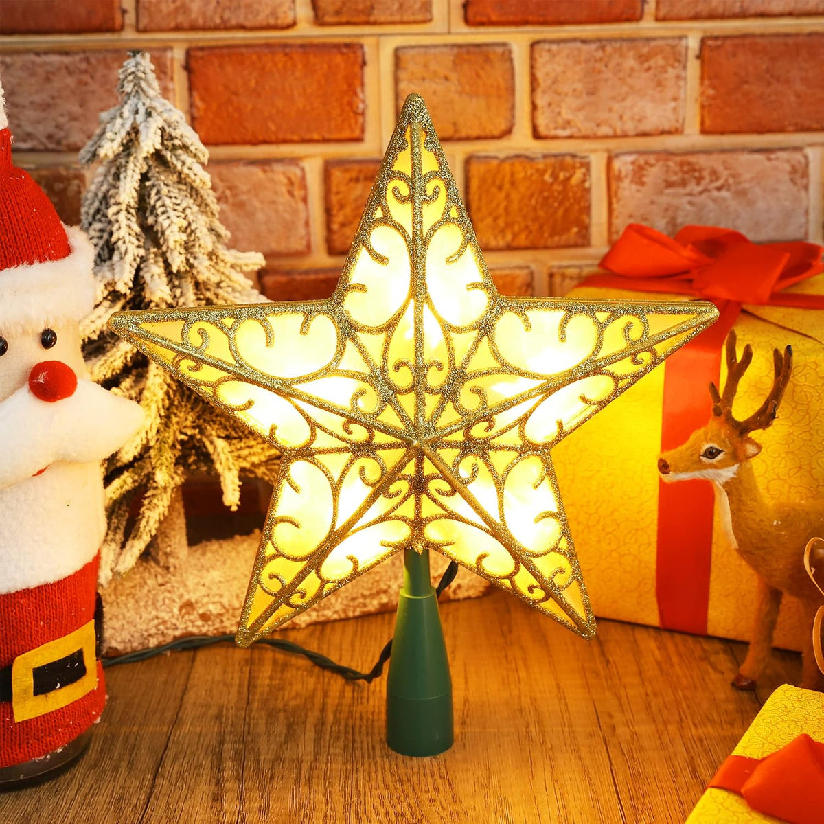 Gold Christmas Tree Topper, 9.5" 3D Xmas Tree Star with 10 Lights