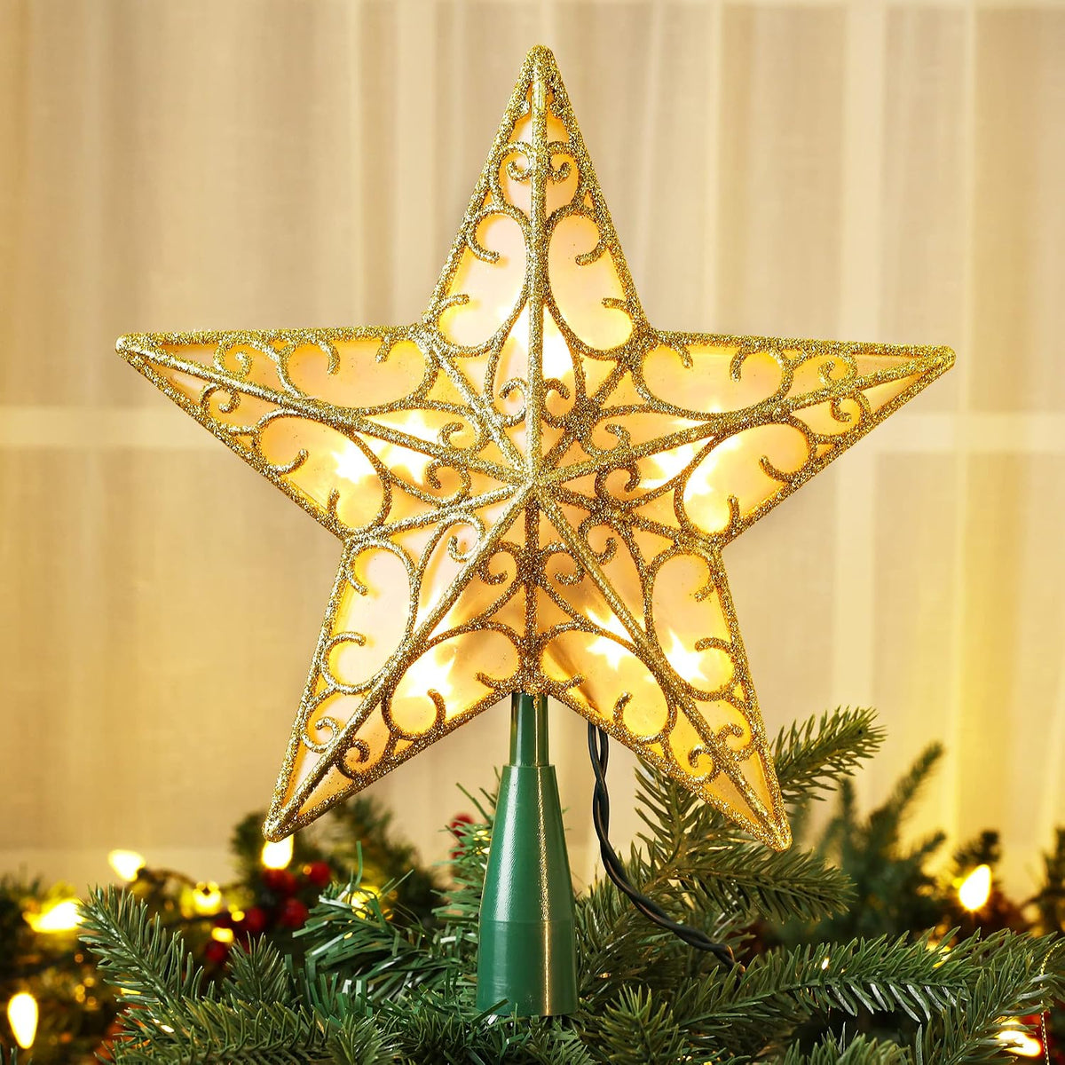 Gold Christmas Tree Topper, 9.5" 3D Xmas Tree Star with 10 Lights