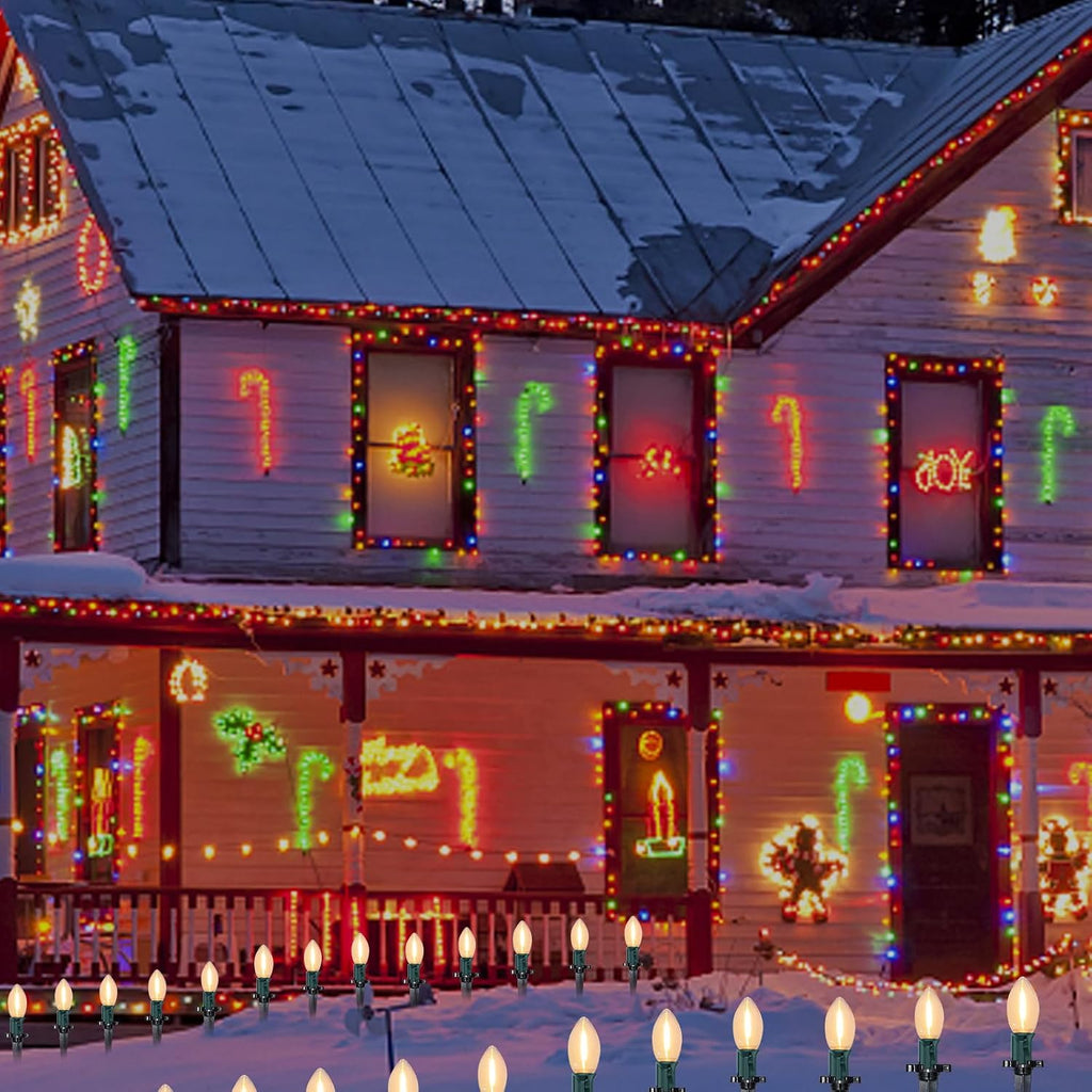 C9 Christmas Lights Outdoor, 38Ft Christmas Pathway Lights with 27 LED Bulbs and 25 Marker Stakes, Connectable Outdoor Decorations Yard Walkway Sidewalk Holiday, Warm White