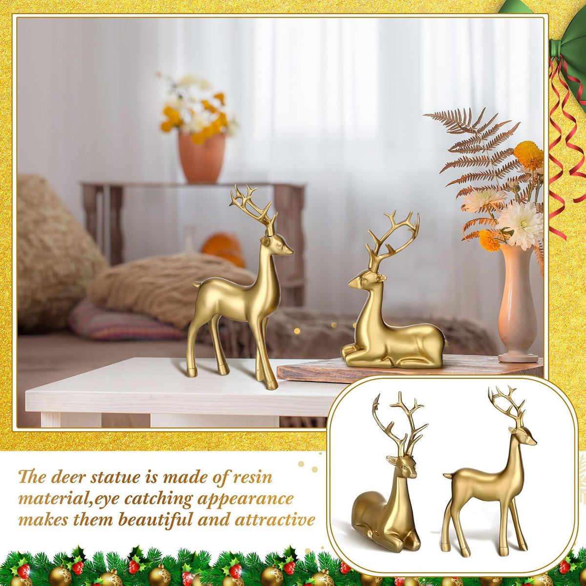 4 Pcs Christmas Reindeer Decor Indoor Small Gold Resin Deer Figurine