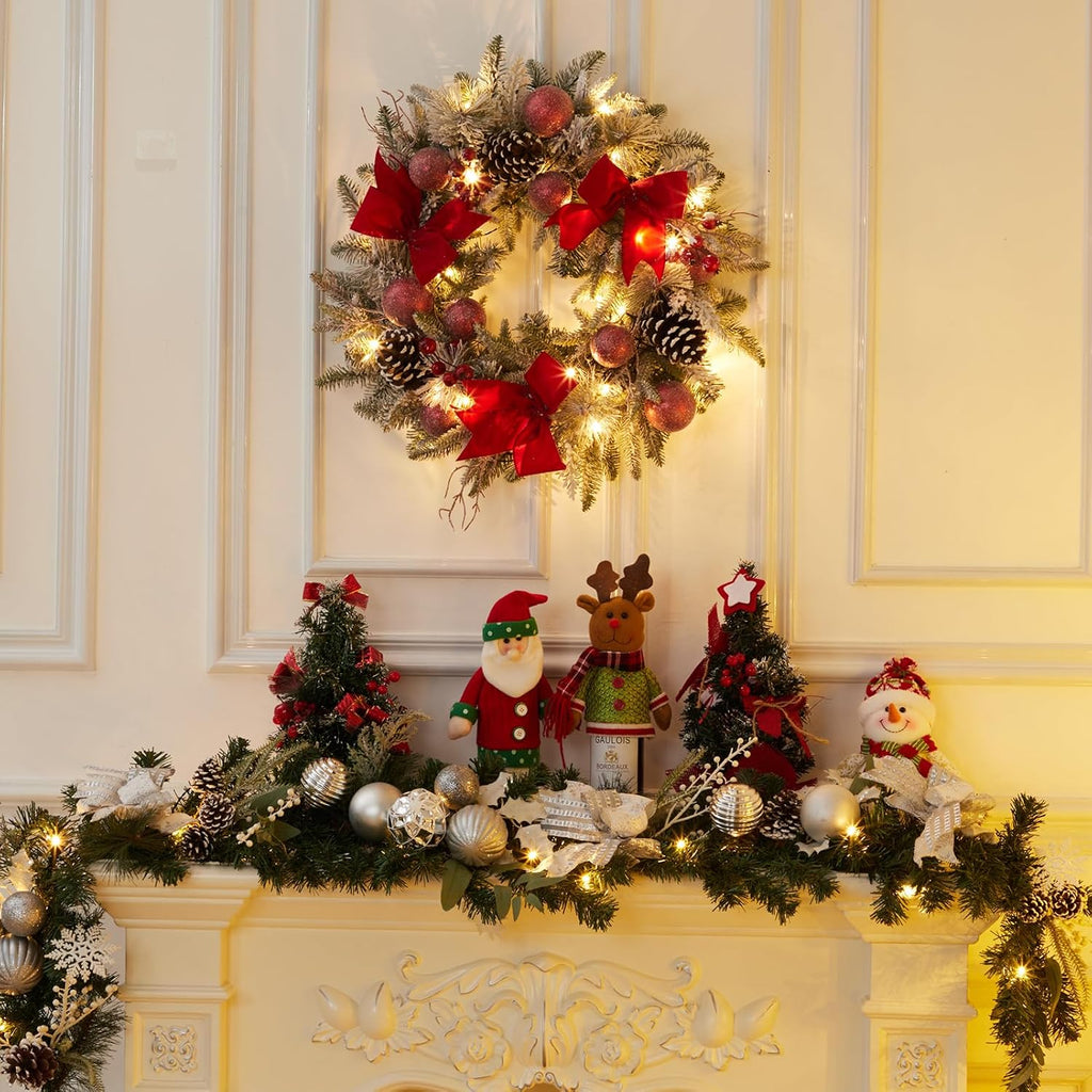 24 Inch Lighted Christmas Wreaths, Pre-Lit Xmas Wreath with 3 Red Bow, Pine Wreath with 30 LED Lights, Light up Christmas Wreath for Front Door Holiday Wall Christmas Party Decor