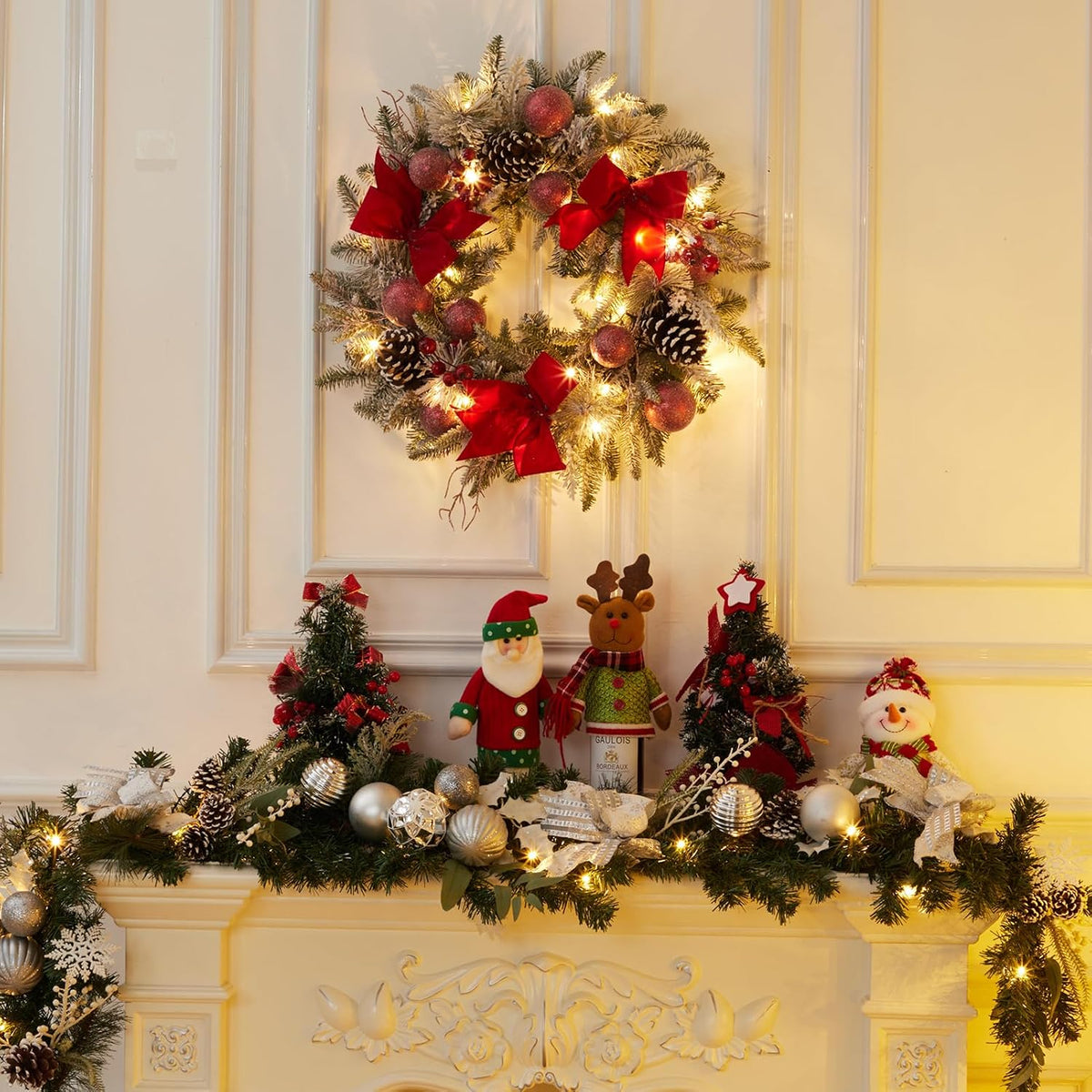 24 Inch Lighted Christmas Wreaths, Pre-Lit Xmas Wreath with 3 Red Bow, Pine Wreath with 30 LED Lights, Light up Christmas Wreath for Front Door Holiday Wall Christmas Party Decor