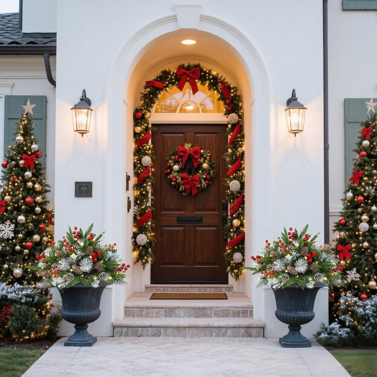 Outdoor Urn Filler, Set of 2 Lighted Outdoor Christmas Tree, Battery Operated Christmas Porch Decorations for Driveway, Yard, Garden, Flower Beds