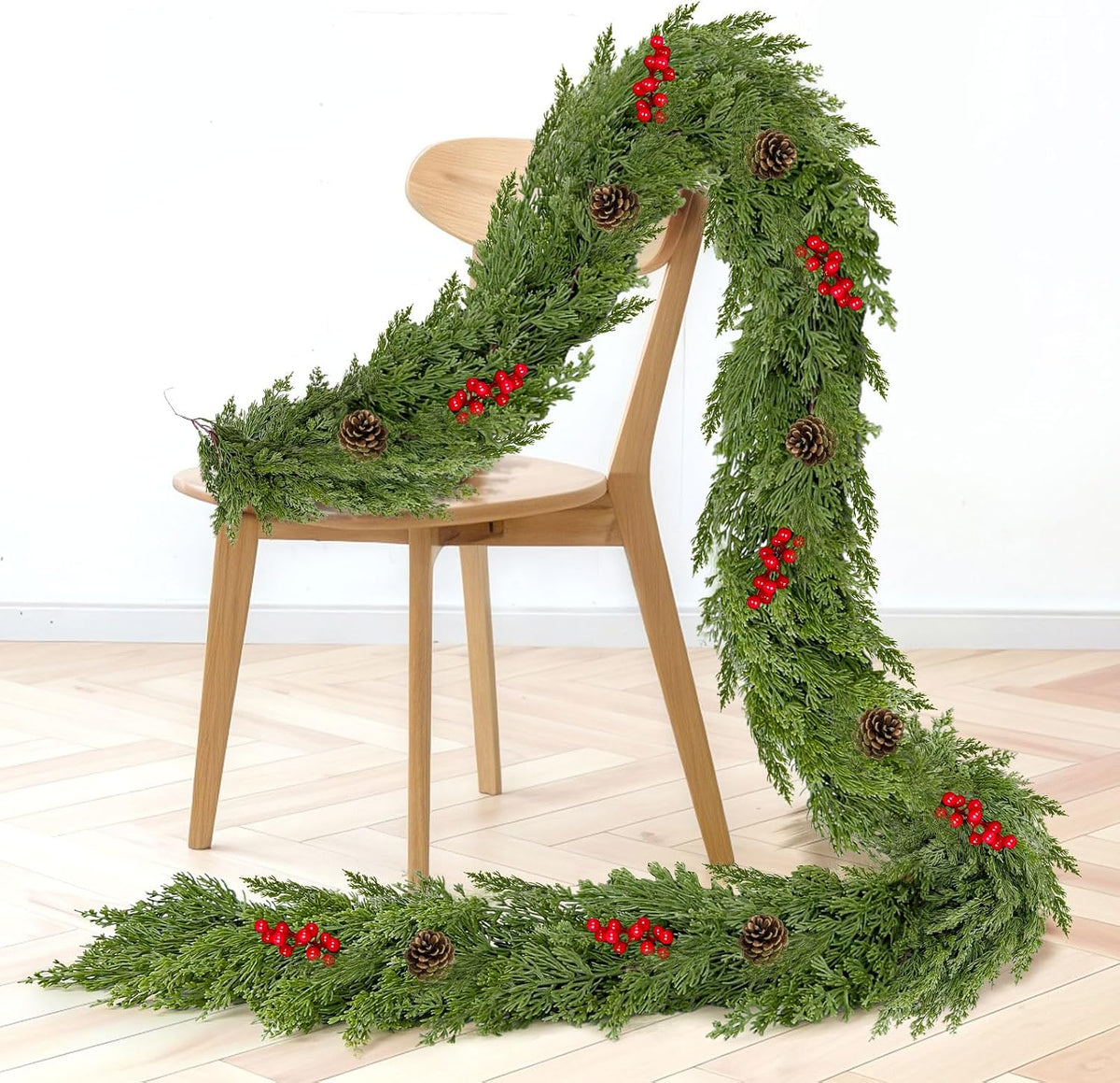 9.8FT Christmas Cedar Garland with 3 Pinecone Berry, Realistic Soft Faux Cedar Garlands,Thickness Pine Garland for Home Fireplace Mantle Table Stair Handrail, Indoor Outdoor Christmas Decorations