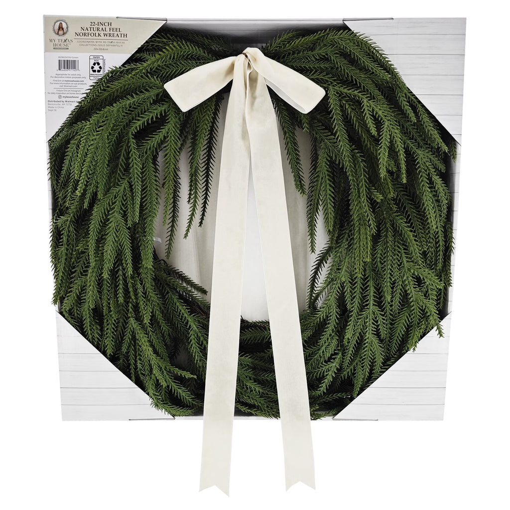 Natural Feel Norfolk Artificial Christmas Wreath with Bow, Green, 22"