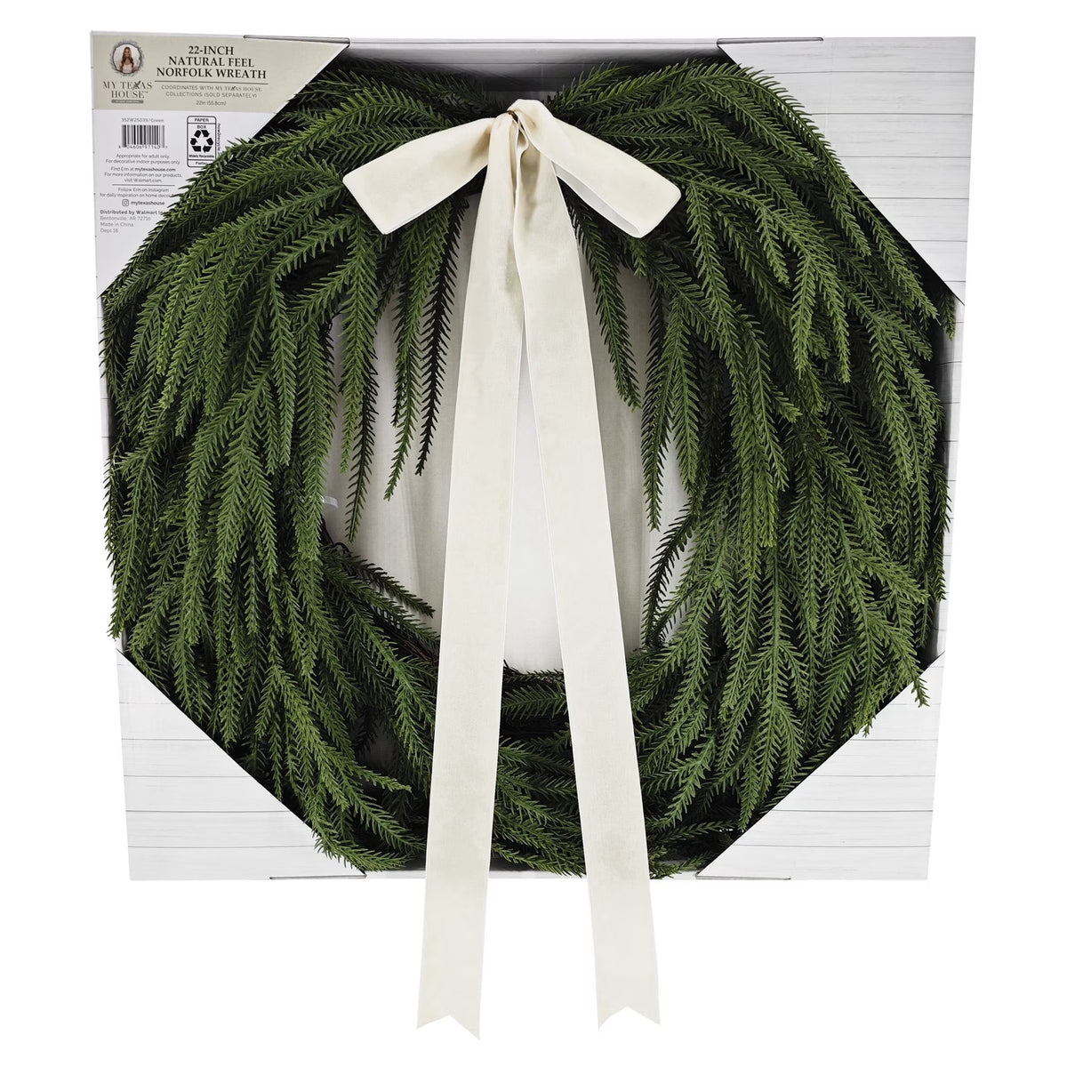 Natural Feel Norfolk Artificial Christmas Wreath with Bow, Green, 22"
