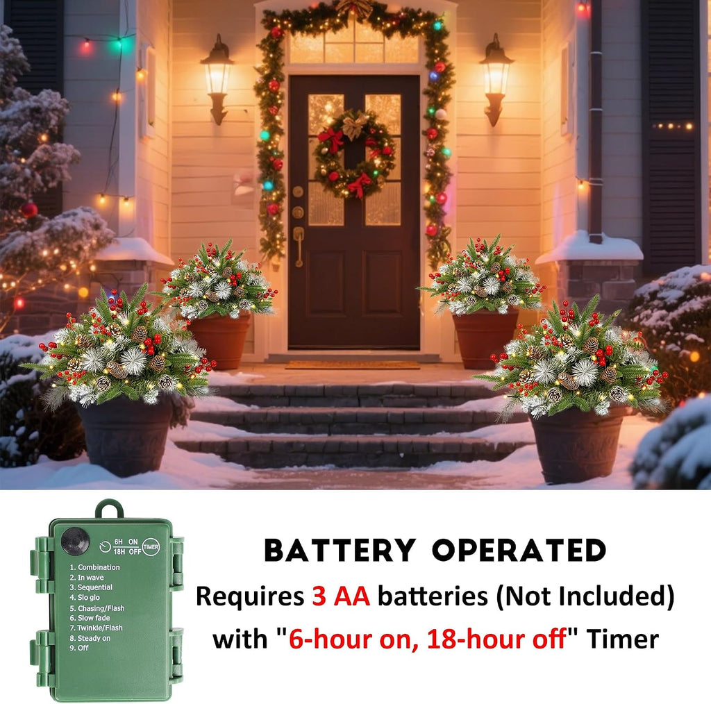 Outdoor Urn Filler, Set of 2 Lighted Outdoor Christmas Tree, Battery Operated Christmas Porch Decorations for Driveway, Yard, Garden, Flower Beds
